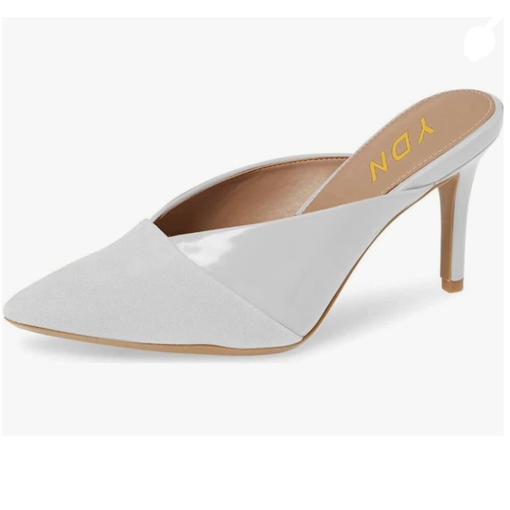 YDN White Pointed Toe High Heel Clogs Mules Slip on Sandals Slide Dress Shoes